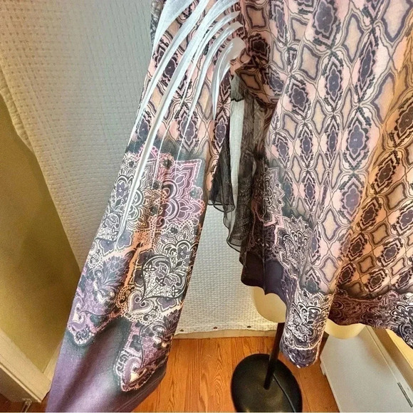 One World Plus Sz 1X Printed Long Sleeve Top w/ Chiffon Embellish Poncho Purple - Picture 11 of 14